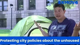 Unhoused woman camps out in front of St. Louis City Hall building in protest of city policies