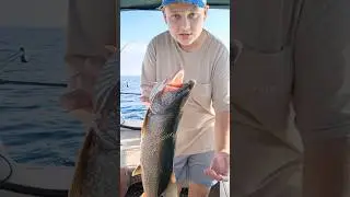 Giant lake trout on a custom orange lightning spoon!!!