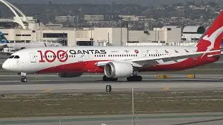 Qantas 100th Anniversary Livery Boeing 787-9 [VH-ZNJ] landing and rollout at Los Angeles (LAX/KLAX)