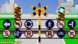 A combination of a railway crossing and a traffic sign