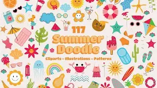 117 Summer Doodle Cliparts, Versatile Elements & Seamless Patterns for T-Shirt Design, Branding