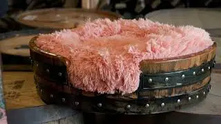 Whiskey Barells restored and made into a dog bed for Chum's dog