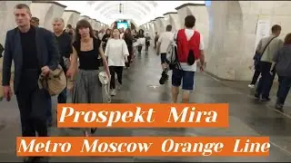 Prospekt Mira metro station, Moscow,Orange Line - interior view, departure of the train  Fragment 8