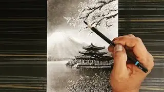 Pencil drawing art of Japanese castle and sakura blossoms landscape scenery.
