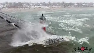 South Haven Lighthouse & Pier Getting Hit With Huge Waves & Ice FULL Video 4K Drone Footage
