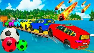 Flatbed Trailer McQueen Transportation with Truck - Speedbumps vs Cars vs Train - BeamNG Drive #042
