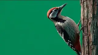 Realistic Woodpecker Pecking Tree | Green Screen Bird Video 4K