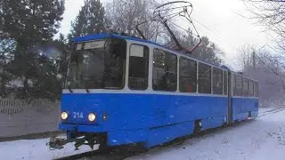 Снегопад. Трамвай Tatra KT4SU №214 следует в депо. Улица Стрелецкая. Винница. Зима. 7.02.2020. FHD.