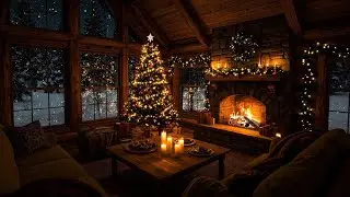 Soothing Christmas 🎄 Ambience CozyCabin Night with Fireplace Crackling & SoftPiano for Relaxation🎅