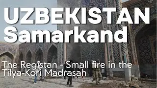 Fire in the Registan in Samarkand, Uzbekistan