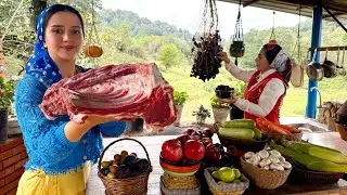 Cooking steak with fresh vegetables and baking bread