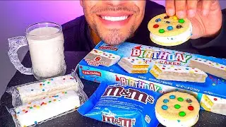 LITTLE DEBBIE BIRTHDAY CAKES M&M ICE CREAM SANDWICH EATING MOUTH SOUNDS NO TALKING CANDY SWEETS ASMR