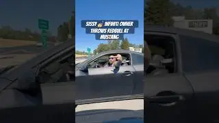 Infiniti owner throws Red Bull at Mustang owner and tries to run away