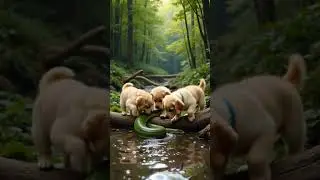 Three Baby Dogs Play with a Giant Green Snake Near the River&mdash;Danger Lurks in the Deep Forest!