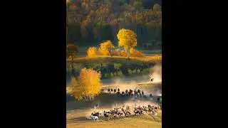 Autumn in Xinjiang: Golden Maple Forests, Vast Grasslands & Roaming Horses #Xinjiang#Grasslands