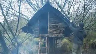 Building wood survival shelter in wildlands   Bushcraft & Campfire grilled meat