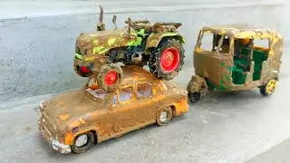 Muddy Auto Rickshaw And Tractor Water Jump Muddy Cleaning | Tractor Video | Taxi | toy mud cleaning