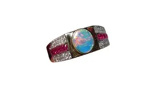 Men's 14k Gold Ring with Red & Blue Opal, Round Diamonds & Princess Cut Rubies - 8951 | FlashOpal