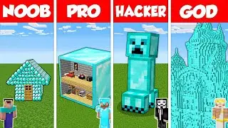 Minecraft Battle: NOOB vs PRO vs HACKER vs GOD: DIAMOND BLOCK BASE HOUSE BUILD CHALLENGE / Animation
