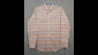 TASSO ELBA Men's Button Up Shirt Medium Long Sleeve Light Orange & White Check 0253