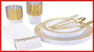 175 Piece Gold Dinnerware Set 25 Guest-50 Gold Grid Plastic Plates-25 Gold Plastic Silverware