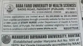 Staff Nurse 598 posts under health department of punjab !! Online process starts from 01 /10/2020