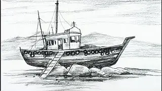 How to Draw an Old Fishing Boat. How to Draw a Traditional wooden Boat on Shore.