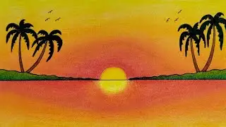 How to Draw Sunset Scenery Drawing | Landscape Sunset Scenery Drawing for beginners 