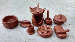 How to make a mini kitchen set with clay|primitive technic handmade kitchen set with clay|clay art