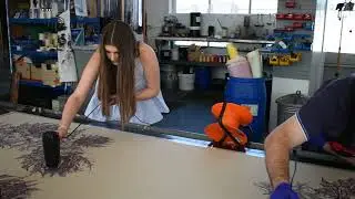 Hand printing fabric at Timorous Beasties Glasgow studio