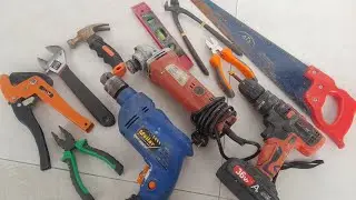 Engineering Tools Collection, Drill, Grinder, Screwdriver, Pliers, Wrench, Saw, hammer