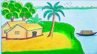 Peaceful Village Riverside Drawing || Boat Nature And Countryside Scenery Drawing || Art Drawing ||