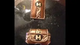 Hand tooled leather bag for insulin pump and matching wallet