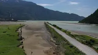 Squamish Estuary Training Berm drone video at low tide at yellow gate #2