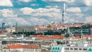 View on Prague lamdmark with Zizkov Television Tower timelapse