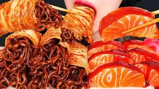 ASMR SALMON SASHIMI & BLACK BEAN NOODLES KIMCHI WRAP 연어회, 짜파게티김치쌈 먹방 咀嚼音 EATING SOUNDS MUKBANG
