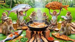बंदरों ने देसी अंदाज़ में बनाई फिश फ्राय |Monkeys Cook Fish Fry in Desi Style..