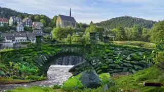 peaceful village ambience, relaxing river sound .