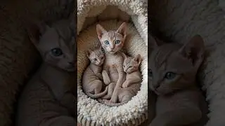 Two cute devon rex kittens and a mom cat.