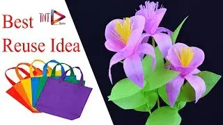 How To Make Beautiful Flower With Shopping Bag | DIY Fuschia Flowers | DIY Carry Bag Stick Flowers