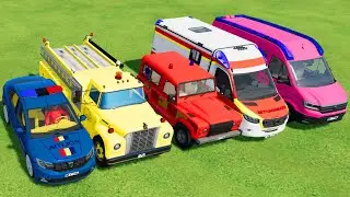 POLICE CARS, FIRE DEPARTMENT, AMBULANCE EMERGENCY VEHICLES TRANSPORTING WITH TRUCKS ! FS25