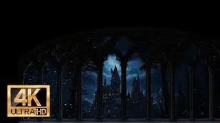 4K Harry Potter Winter Window View -Hogwarts Snow Ambience & Wind Sounds for Study and Sleep