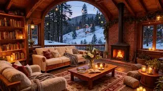 Cozy Winter Jazz Cabin ❄️ Fireplace Glow, Snowy Forest View & Warm Evening Lounge Music