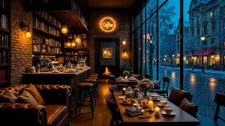Rainy Day at Bookstore Cafe Ambience 🌧️ Soothing Jazz Piano Music & Fireplace Sounds to Work, Study