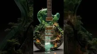 Photorealistic fantasy art, massive translucent emerald guitar housing lush miniature jungle ecos...