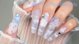 Cloud Cat Nail ☁️🐈| Trendy Horizontal Nail | Korean Nails | Self Nail | Nail Art | ASMR