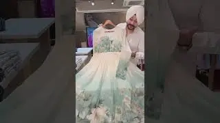 Cream & SeaGreen Chiffon Full Flair Anarkali Suit with hand embroidery work on neck & Embroiderd