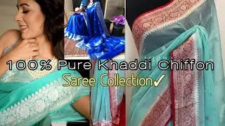 100% Pure Khaddi Chiffon Georgette Saree Silver Zari Buti Collection