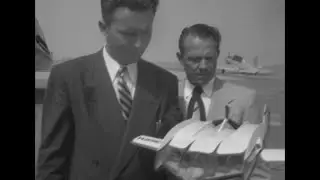Bill Horton with model of wingless plane; plane on runway probably at Orange County Airport