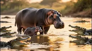 Mother Hippo Risks Everything to Save Her Calf in Crocodile Territory | AI Wildlife Story